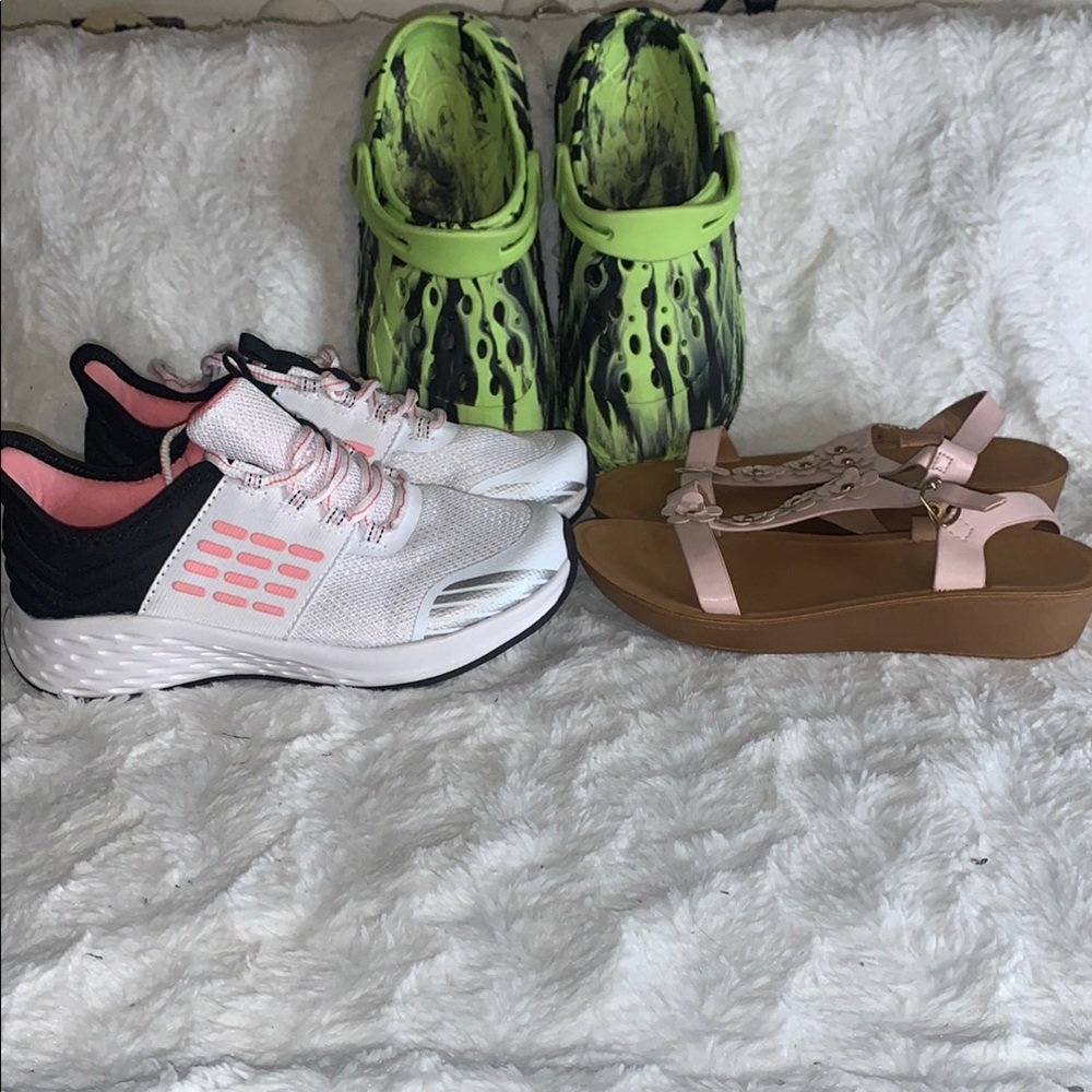 Stylish Footwear Collection - White Sneakers, Green Clogs, Pink Sandals size 2